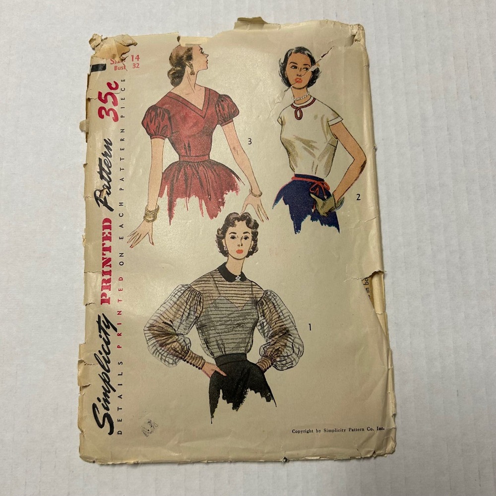Simplicity Vintage 1950's Pattern‎ #3714 Junior and Misses Blouse Size 14